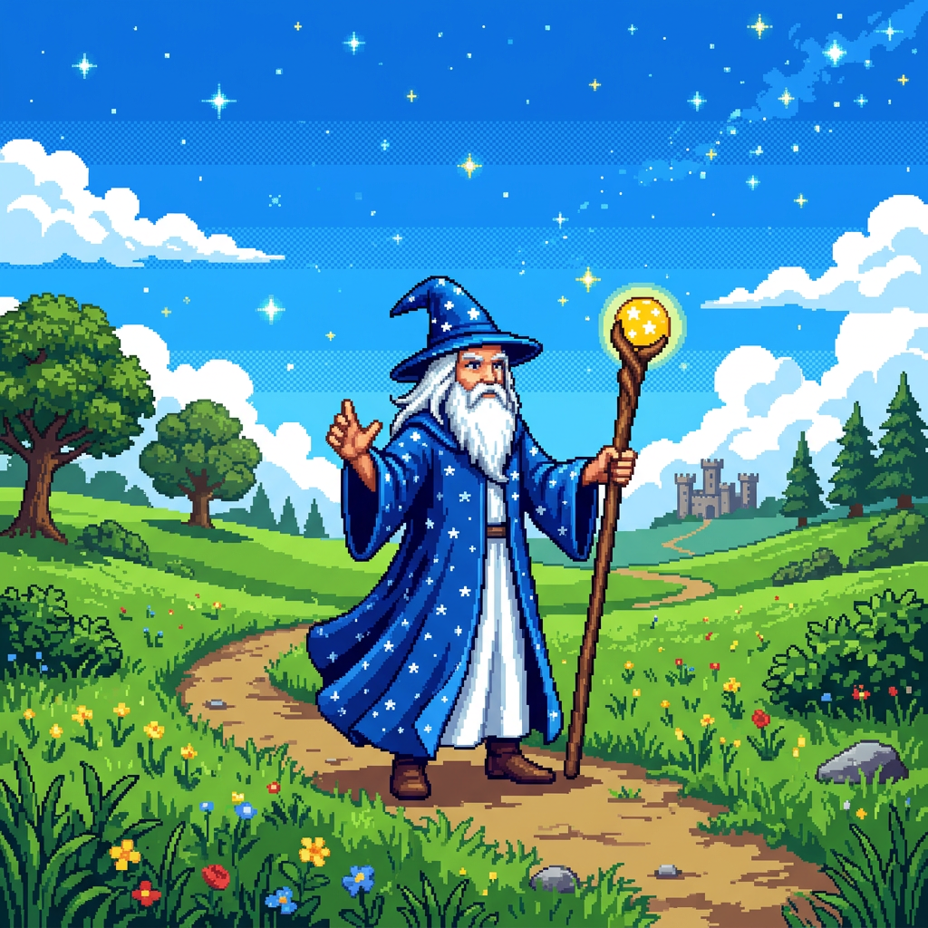 Pixel art wizard in blue robe holding glowing staff on path with castle in background